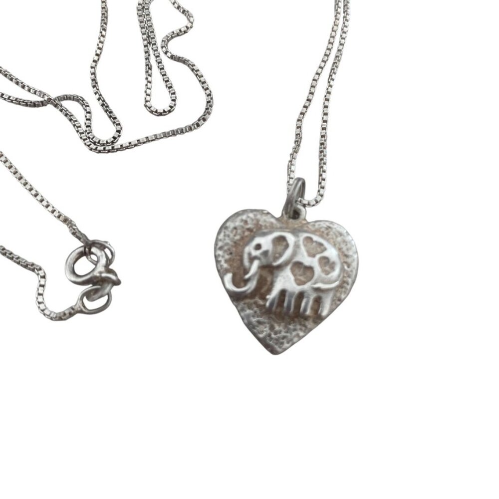 Sterling silver signed elephant pendant heart with chain 12"